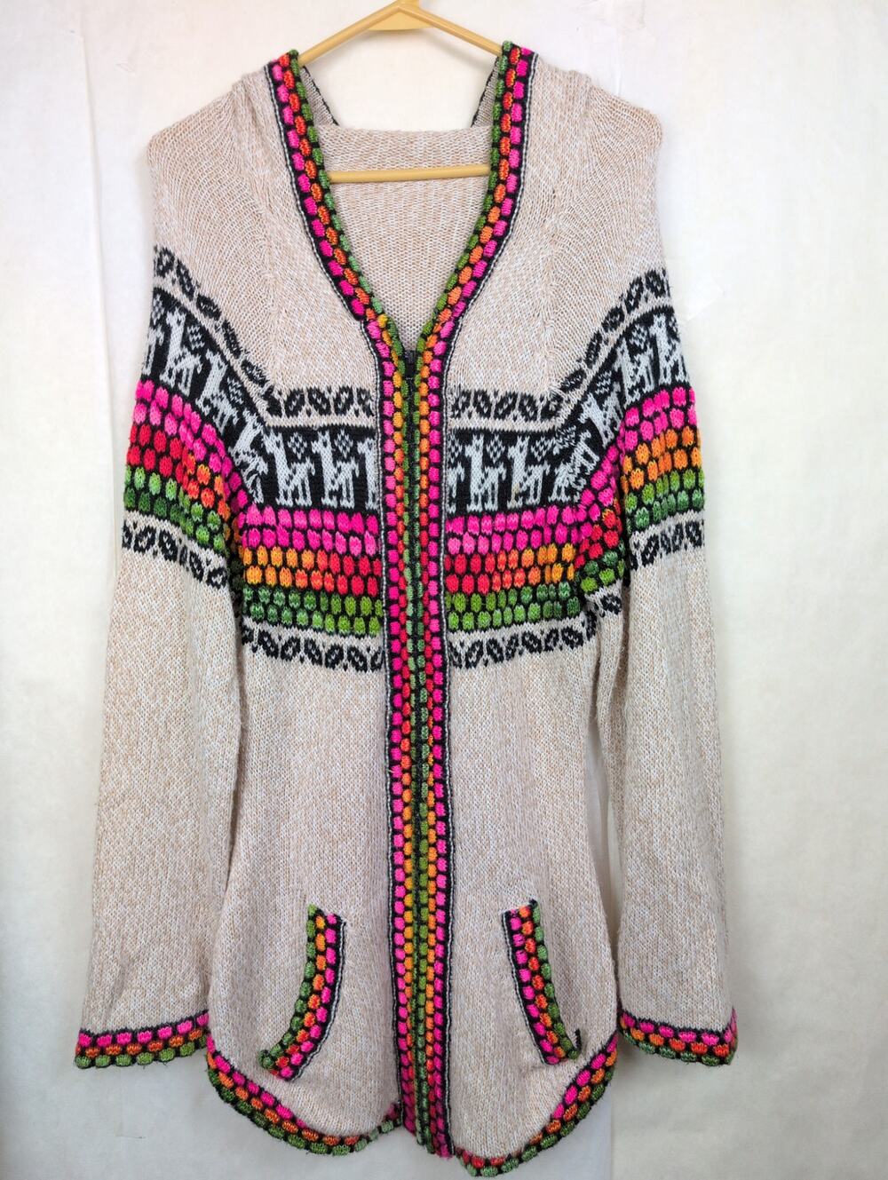 Vintage Peruvian Alpaca full zip hooded llama sweater Sz M Tan Boho Hippie Artsy